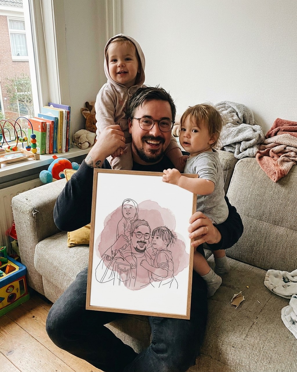 Line + color splash artwork in a real home