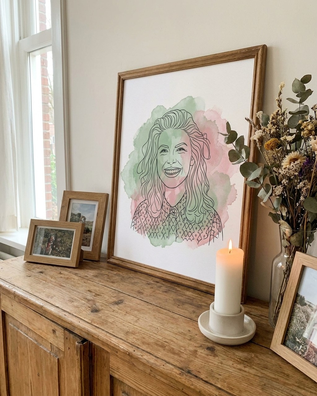 Line + color splash artwork in a real home