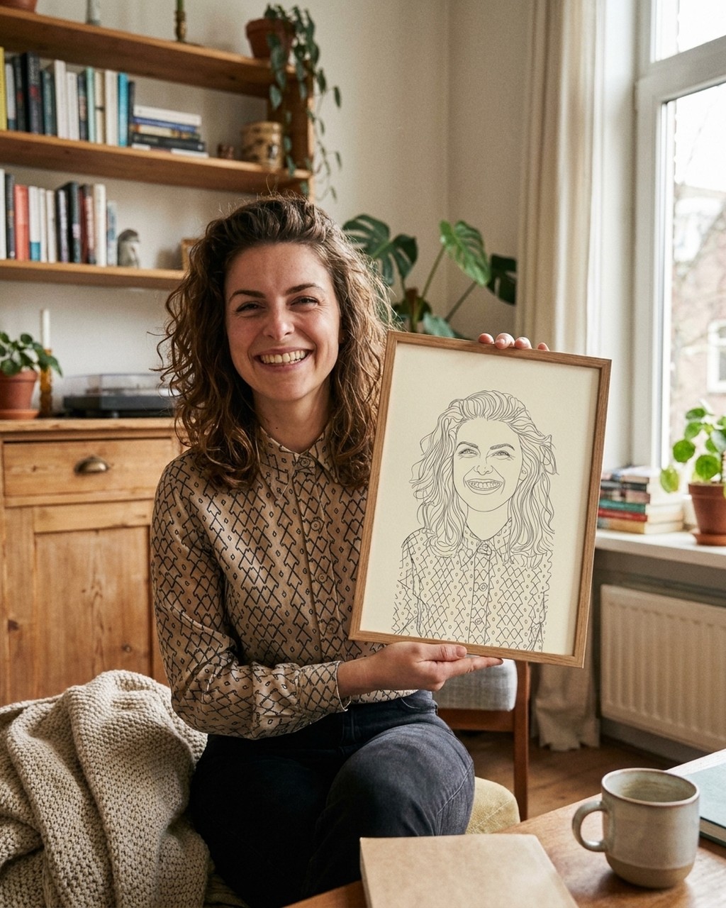 Lijntekening kunstwerk bij iemand thuis