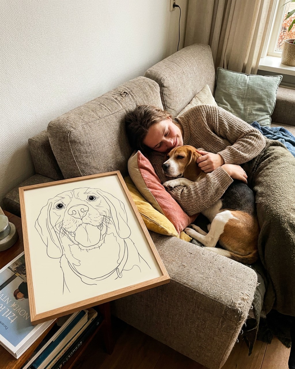 Lijntekening kunstwerk bij iemand thuis