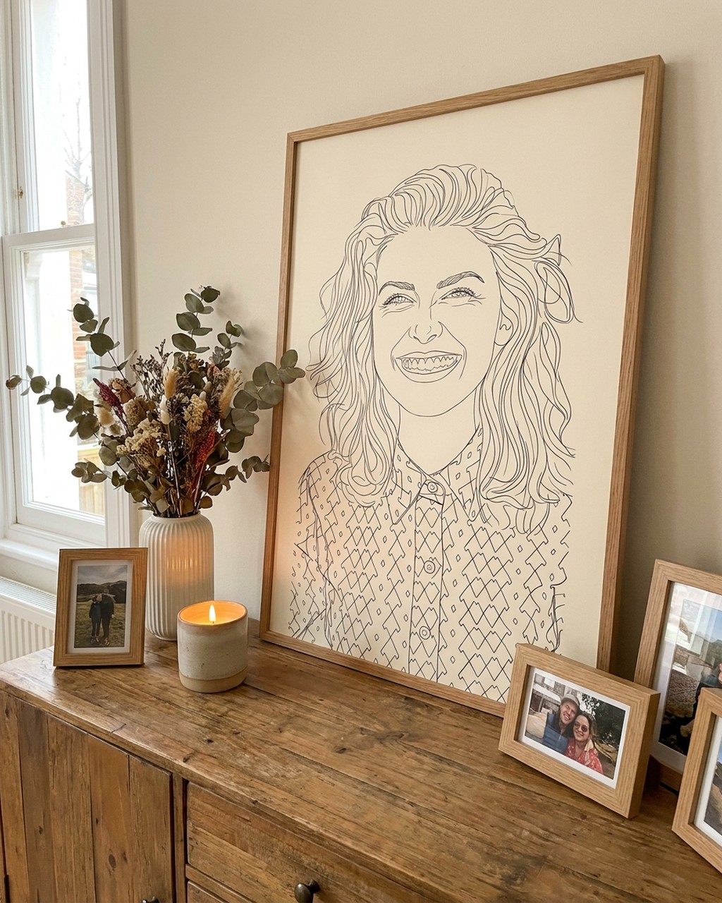 Lijntekening kunstwerk bij iemand thuis
