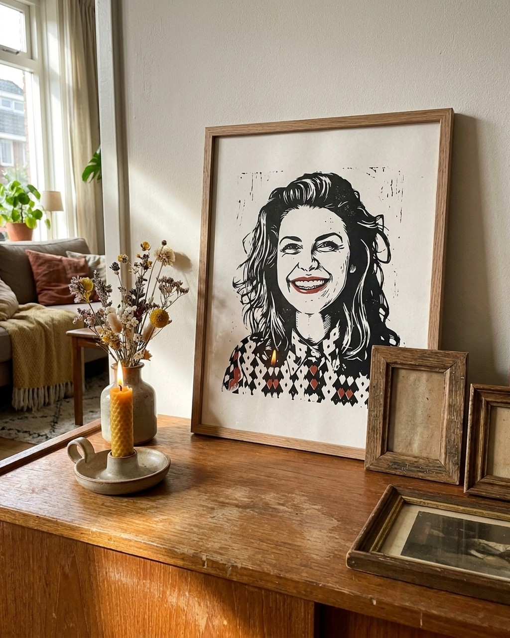 Linocut artwork in a real home