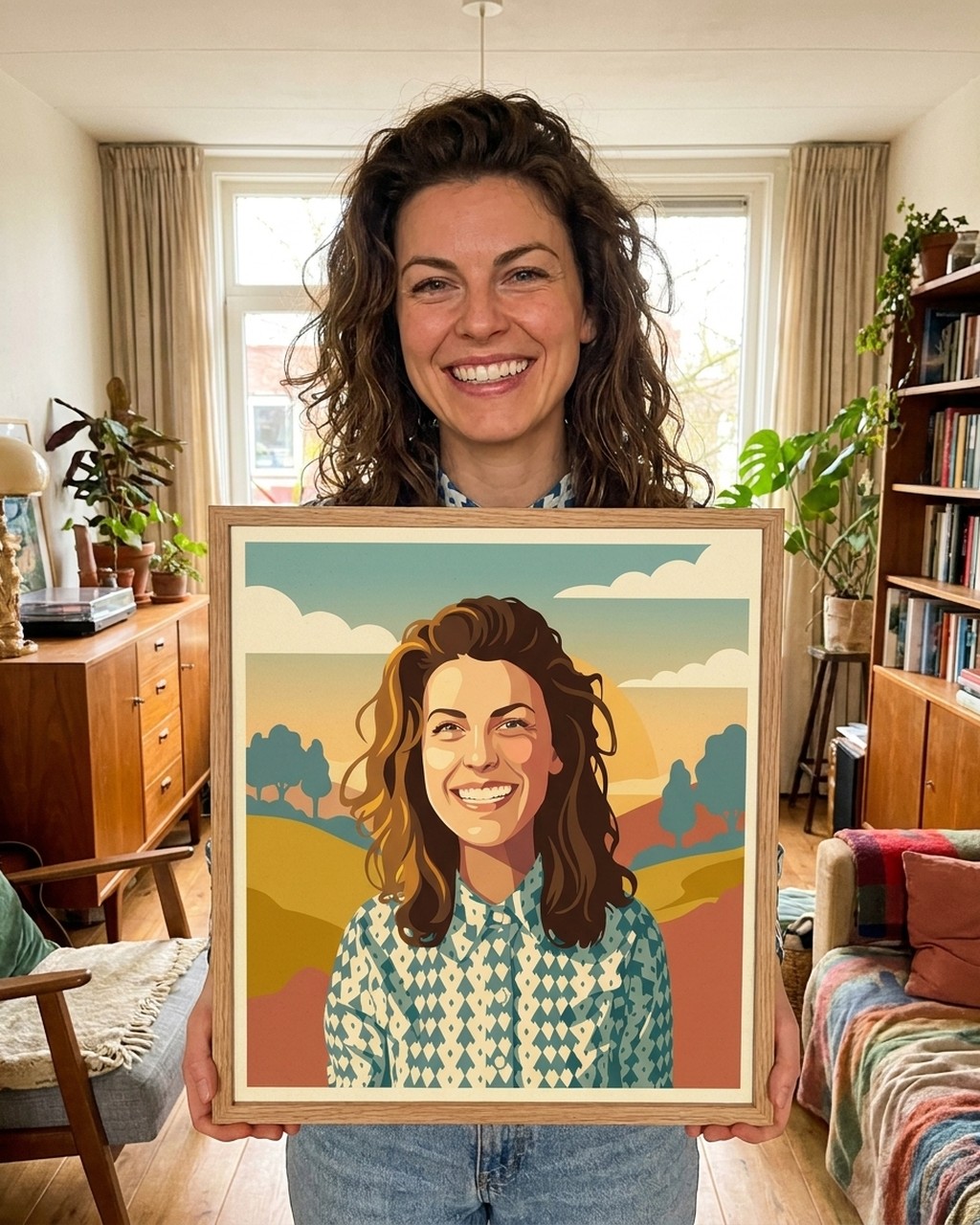 Retro travel poster artwork in a real home