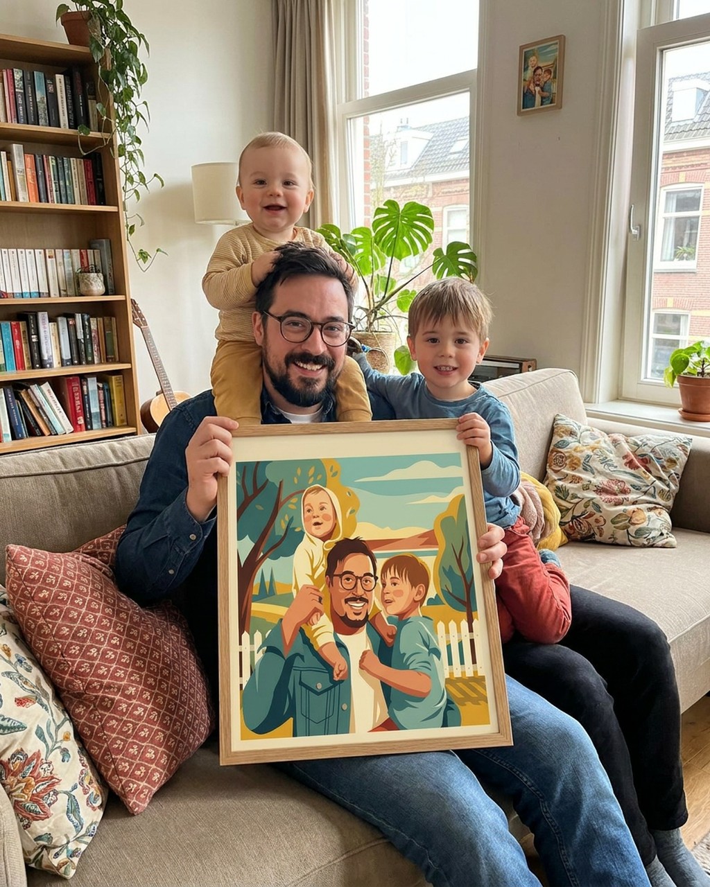Retro travel poster artwork in a real home