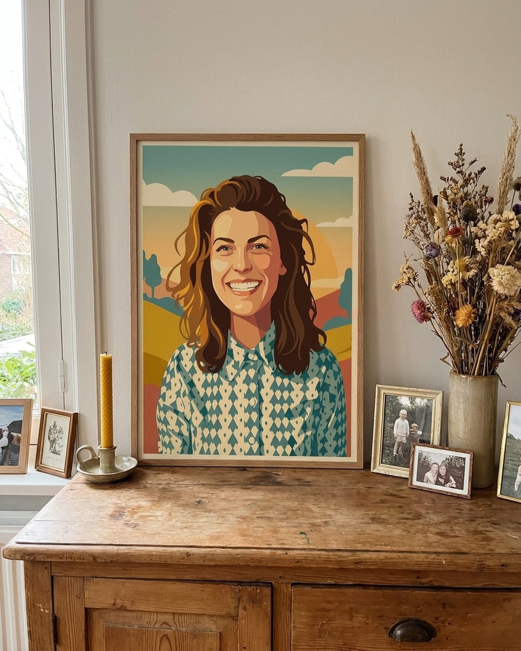 Retro travel poster artwork in a real home