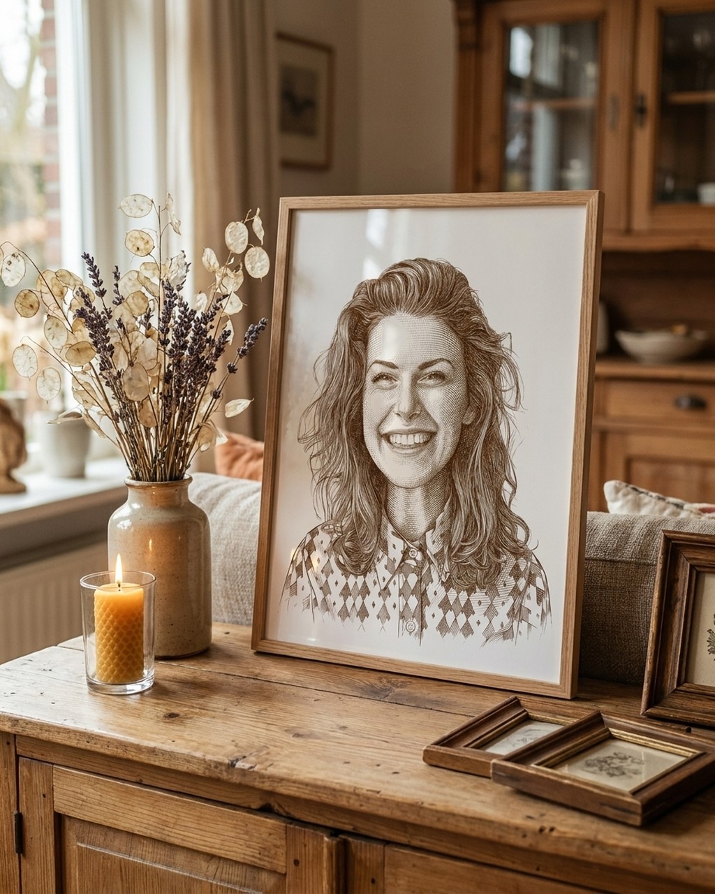 Vintage etching artwork in a real home