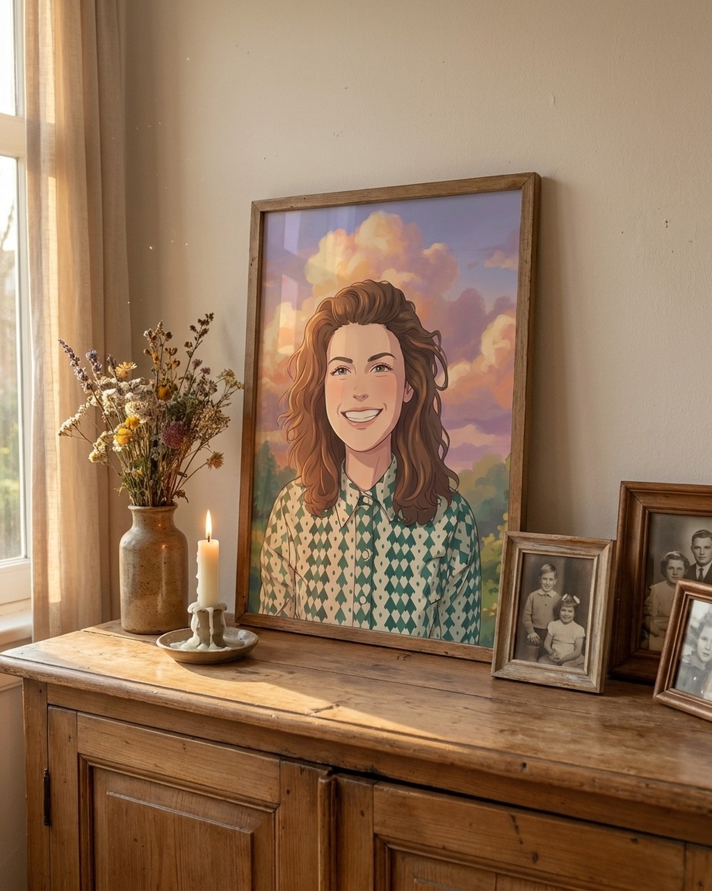 Soft anime artwork in a real home