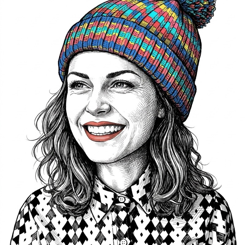 Ink fashion portrait of a woman with a mosaic beanie