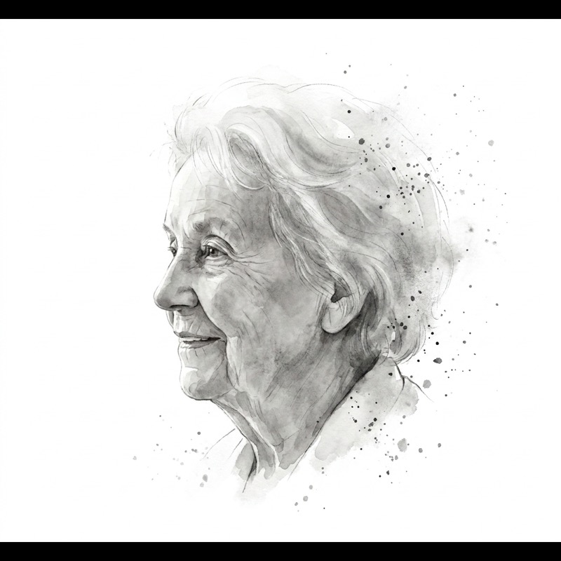 Inkt-profielportret van een oudere vrouw