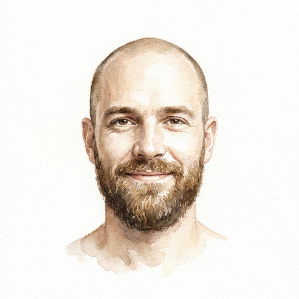 Aquarelportret van een foto, als A3-poster in een zwarte lijst